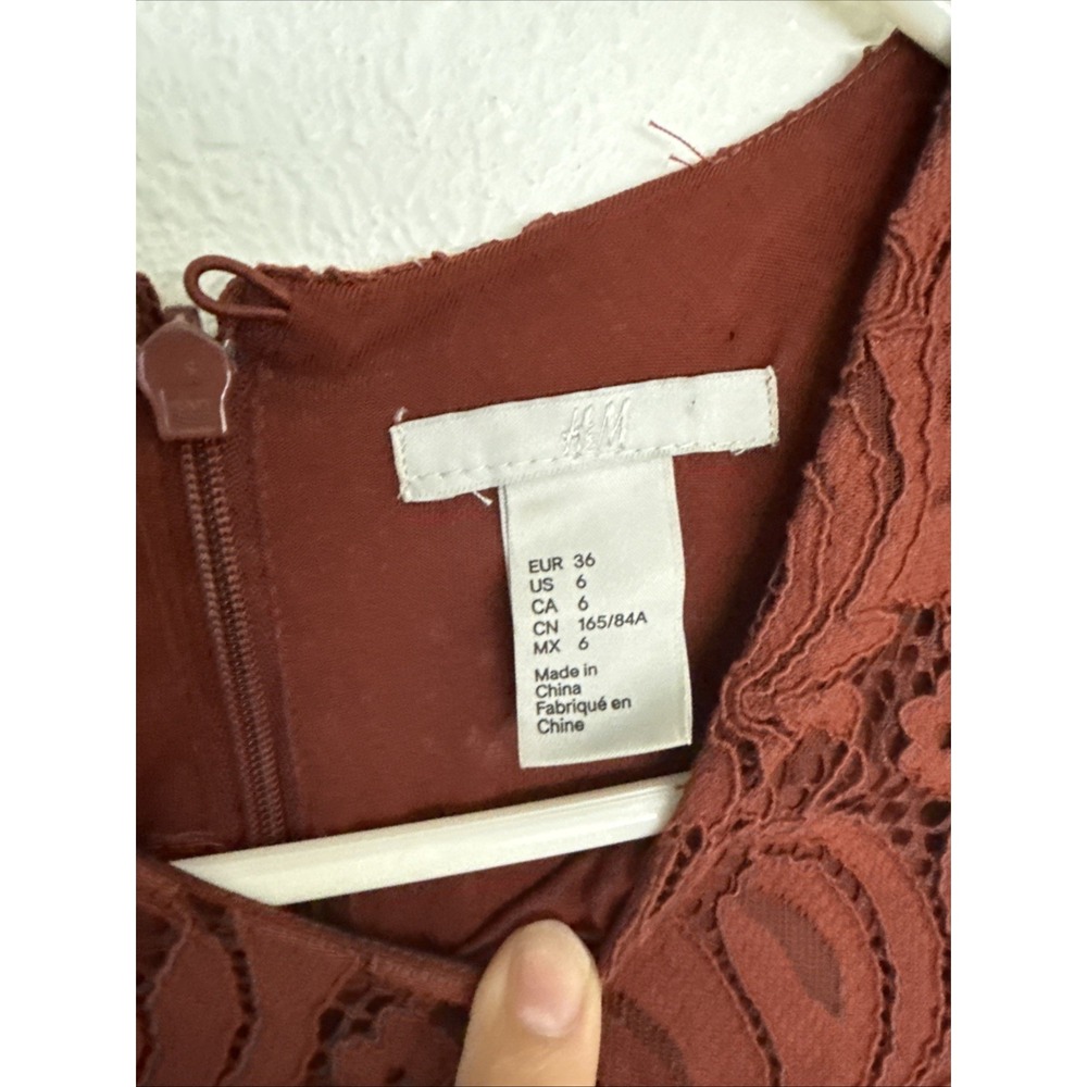 H&M Deep Rust Lace Flutter Sleeve Cap Sleeve Sheath Pencil Dress Size 6 - Picture 3 of 9
